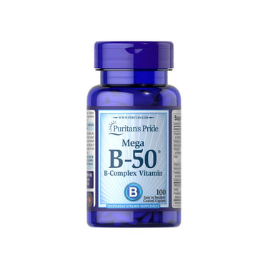 A bottle of Puritan's Pride Vitamin B-50 Complex 100 Coated Caplets, a supplement promoting cardiovascular and mental health.